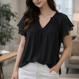 Chelsea & Theodore Black Lace Trim Blouse Size S Pleated Top Flutter Sleeve